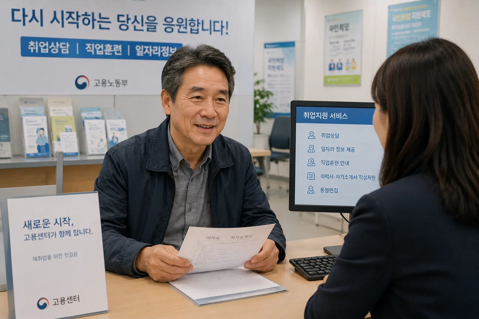 4050 재취업 지원금 50대 남성, 고용센터 상담 창구, 서류 들고 앉은 모습
