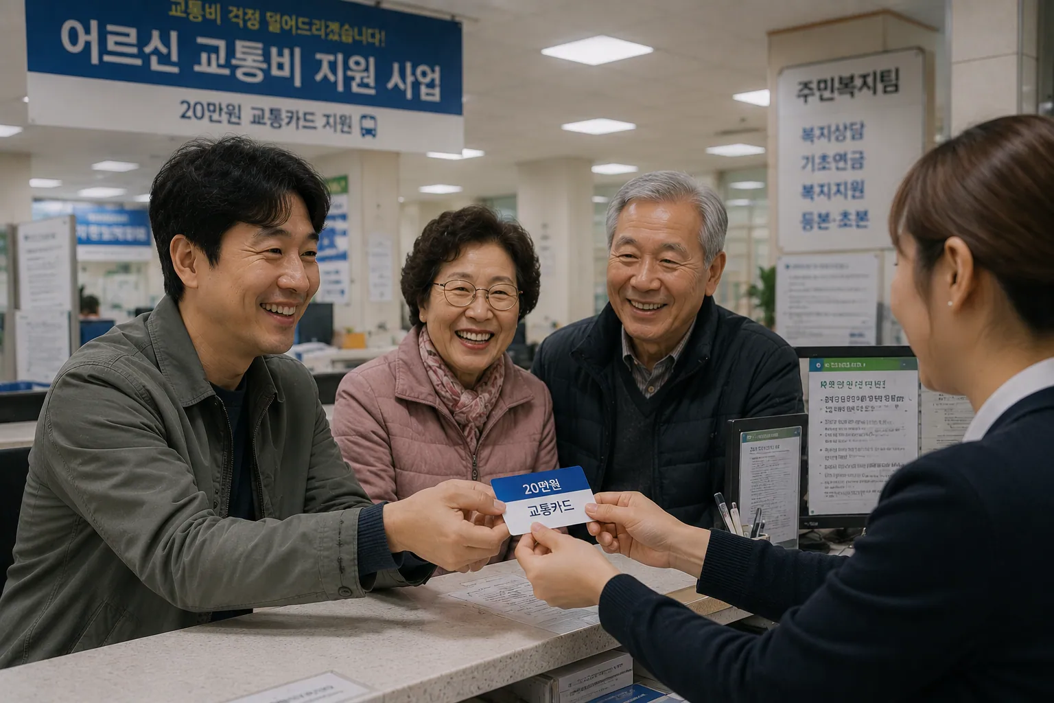 고령운전자 면허반납 주민센터 창구에서 20만 원 교통카드를 수령하는 40대 자녀와 환하게 웃는 노인 부모님
