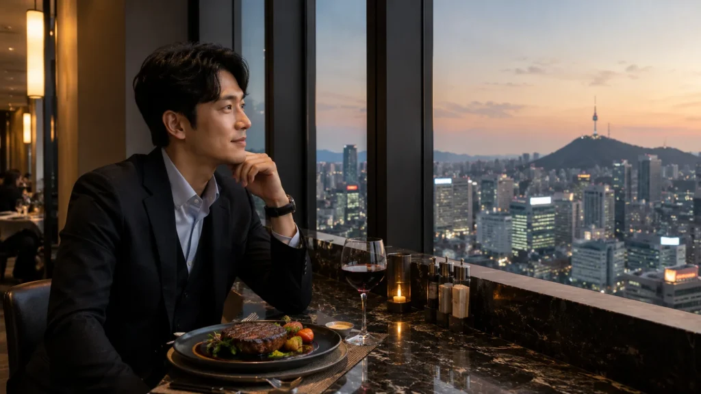 가성비 호텔 뷔페 창가 바 자리에 앉아 혼자 우아하게 식사를 즐기는 30대 전문직 남성의 모습
