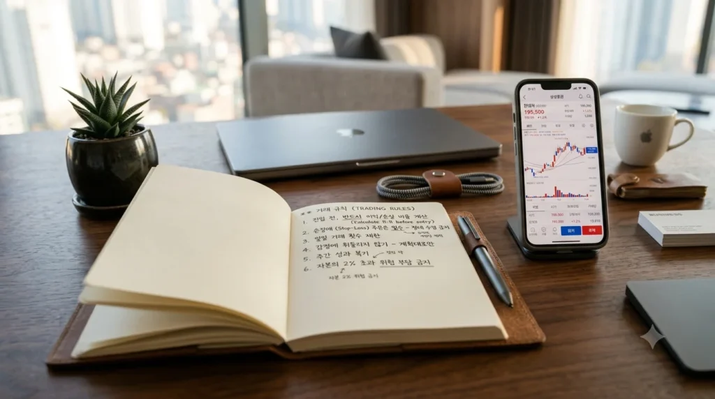 주식 손절매 기준 원칙을 기록하는 투자 노트와 스마트폰 MTS 화면