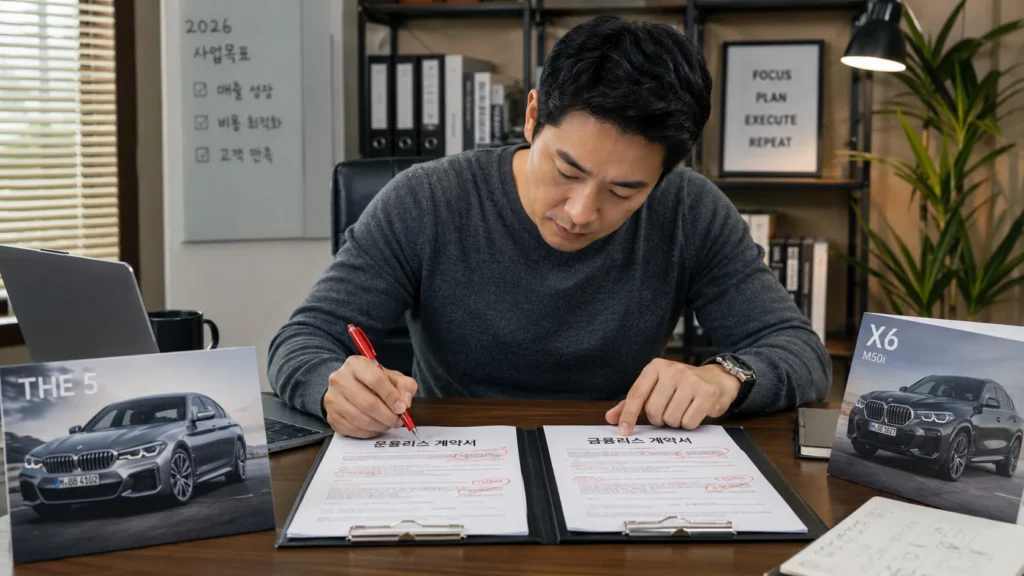 2026 개인사업자 운용리스 남성이 운용리스와 금융리스 계약서 두 장을 비교하며 독소조항에 붉은 펜 표시하는 모습