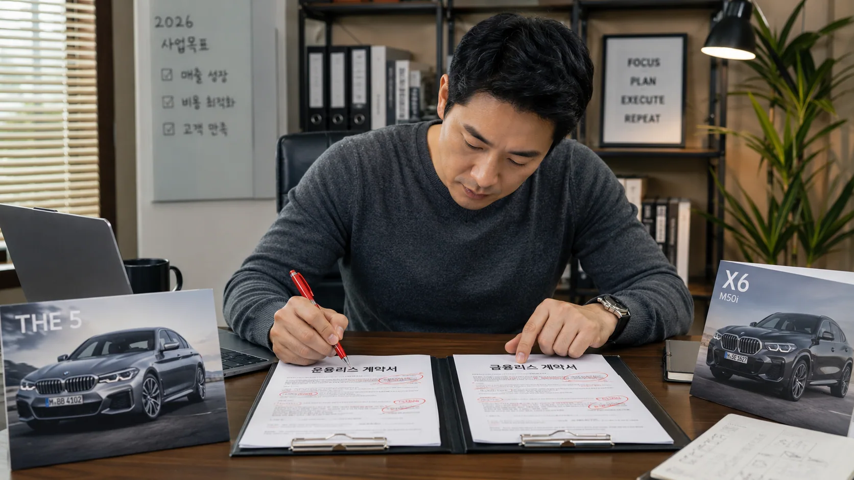 2026 개인사업자 운용리스 남성이 운용리스와 금융리스 계약서 두 장을 비교하며 독소조항에 붉은 펜 표시하는 모습