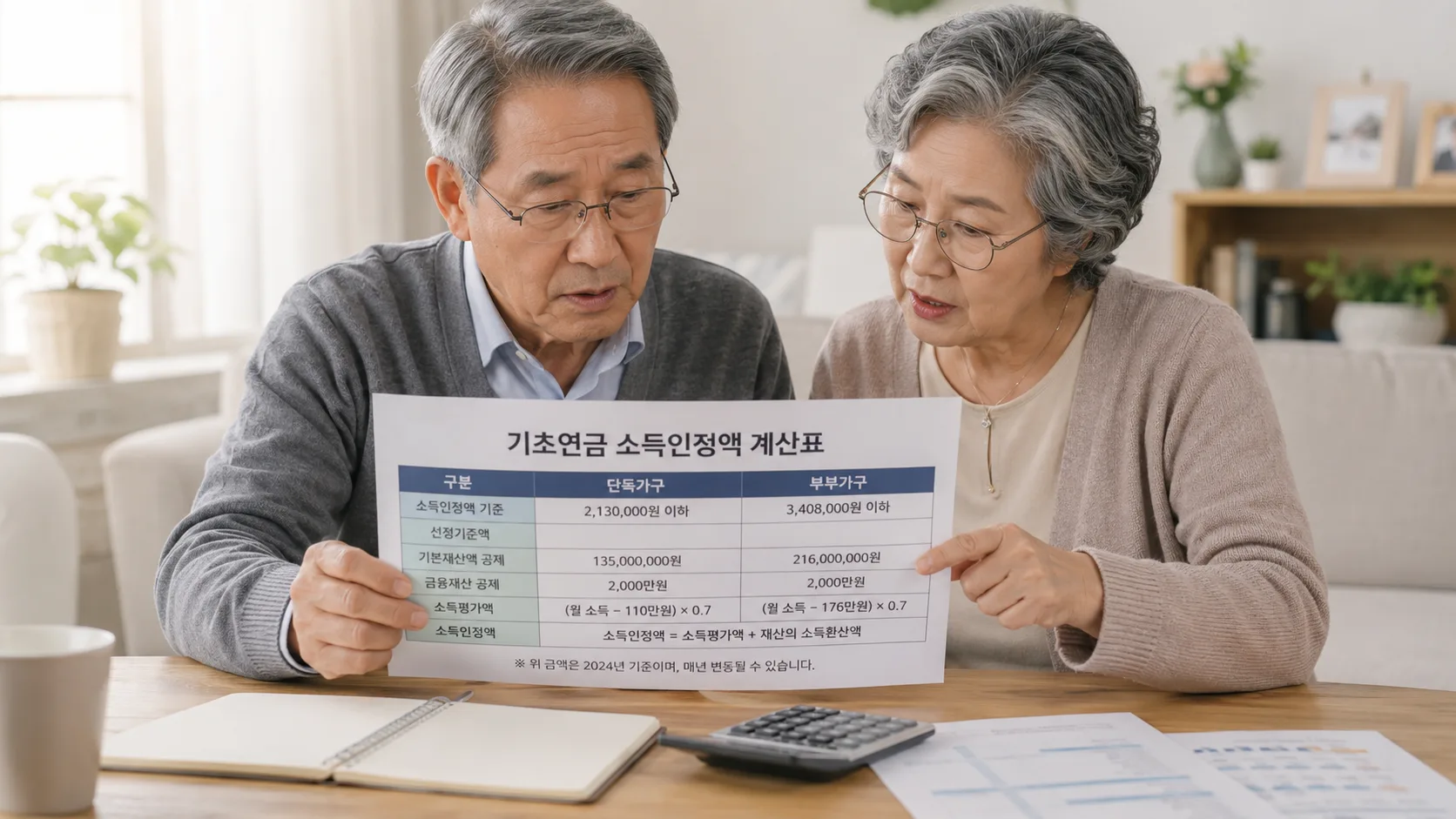 2026년 기초연금 수급자격 박탈 기초연금 소득인정액 계산표를 확인하는 노년 부부