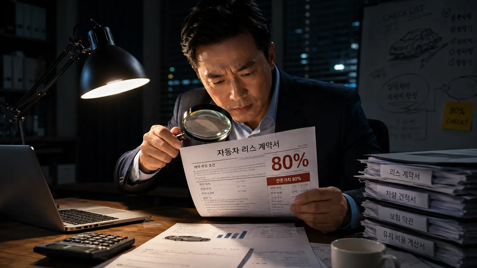 운용리스 중도해지 위약금 사무실 책상 위에서 돋보기를 들고 자동차 리스 계약서의 글씨를 꼼꼼히 분석하는 남성